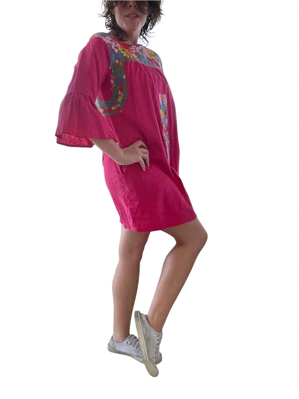 Small Linen‎ blend embroidered hot pink fuchsia dress with pockets boho resort